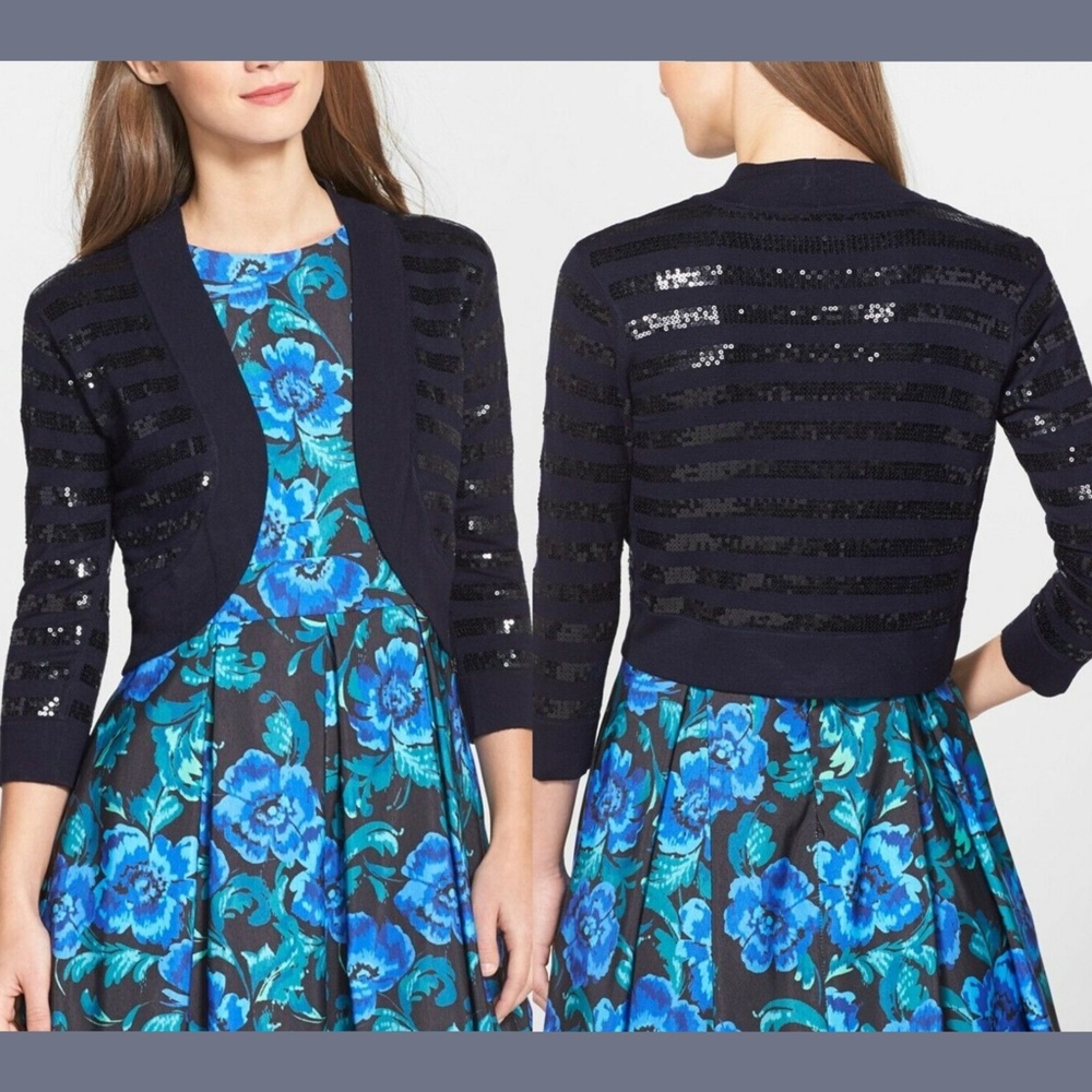 NWT Eliza J Open Sequin Stripe Cardigan Sweater‎ Navy/Black [SZ XL ]